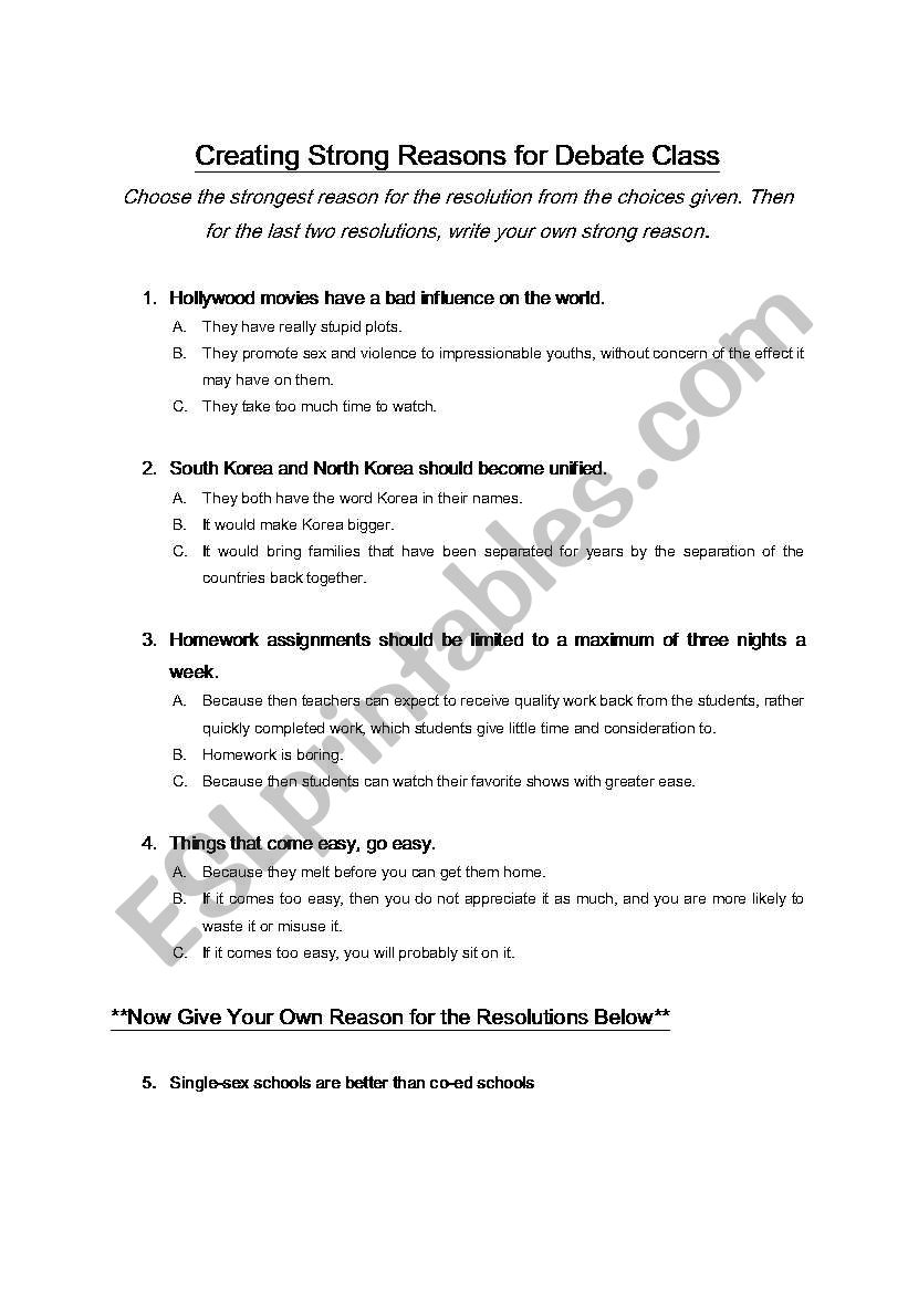 Recognizing Strong Reasons and Creating your won in debate class