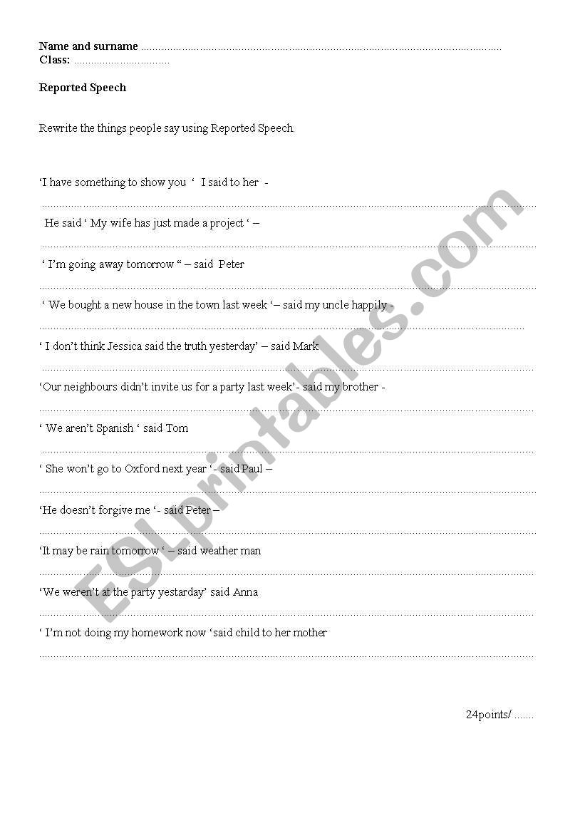 Reported Speech worksheet