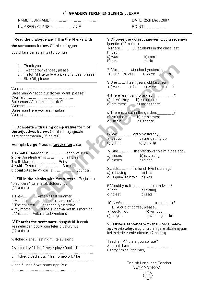 an exam paper worksheet