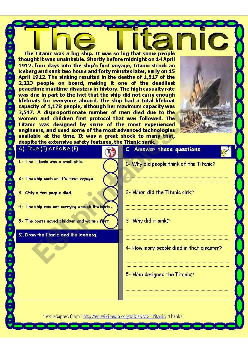 Reading comprehension test. ( The Titanic) Theme ( DISASTERS)