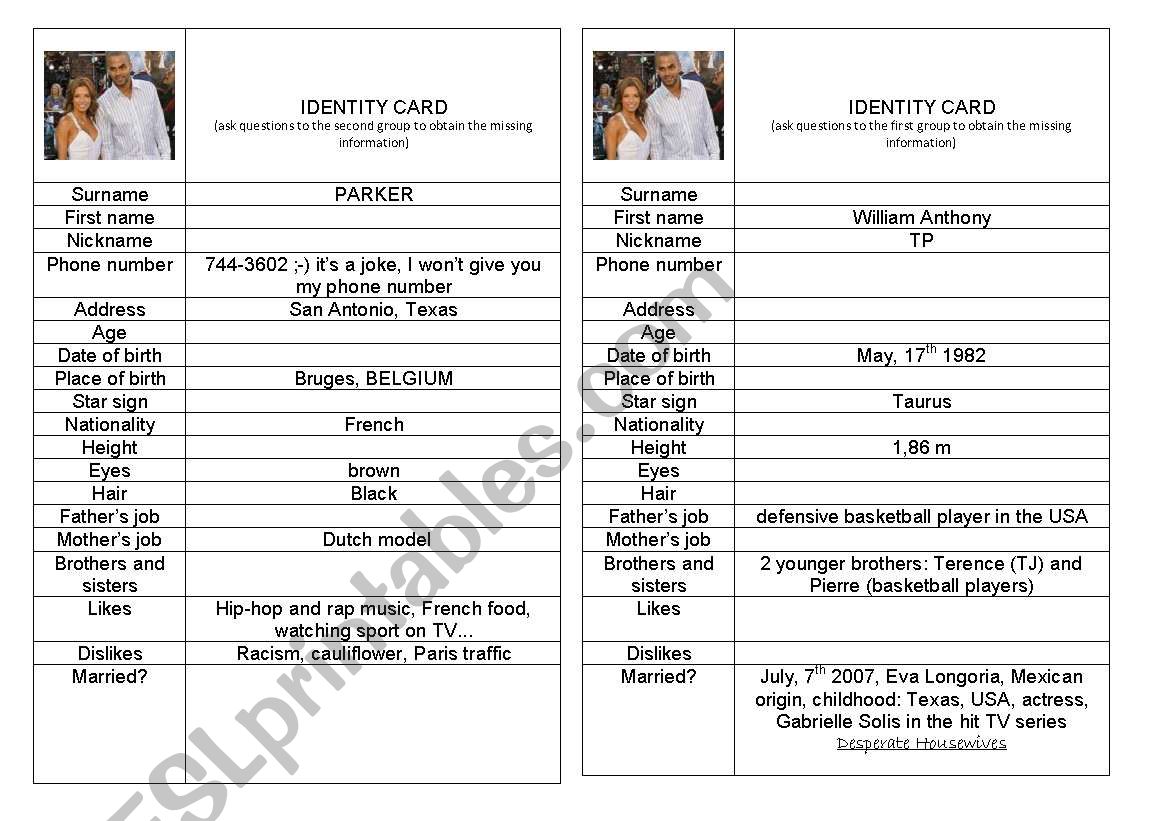 identity card tony parker worksheet