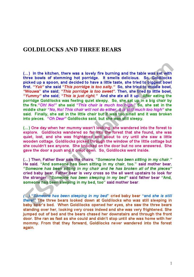Goldilocks and three bears worksheet