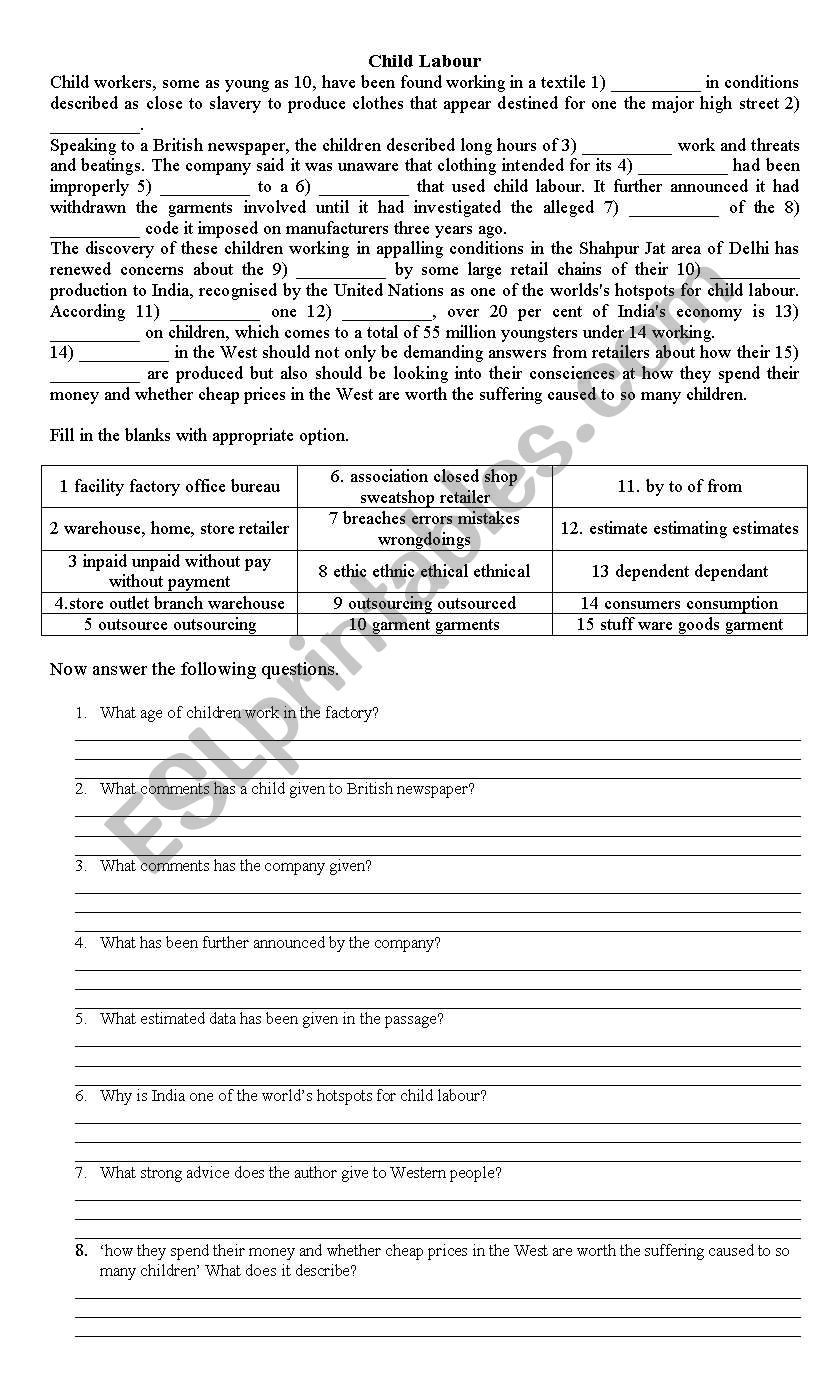 Child Labour worksheet