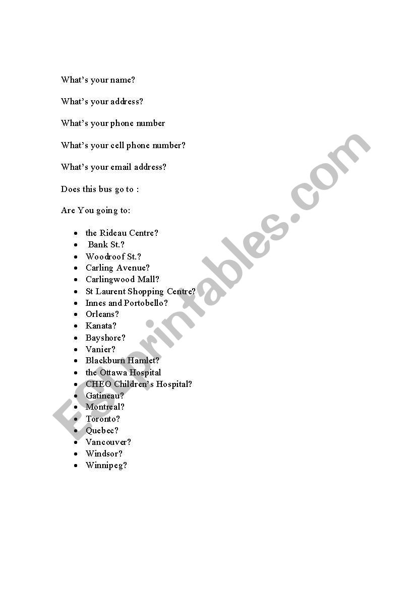 Where to go in Ottawa worksheet