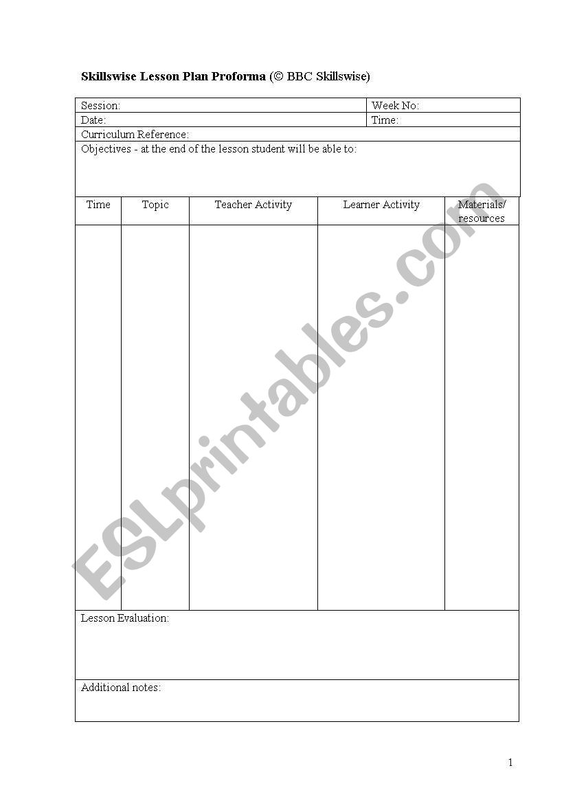 lesson plan format worksheet