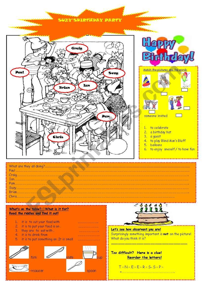 Suzys birthday party worksheet