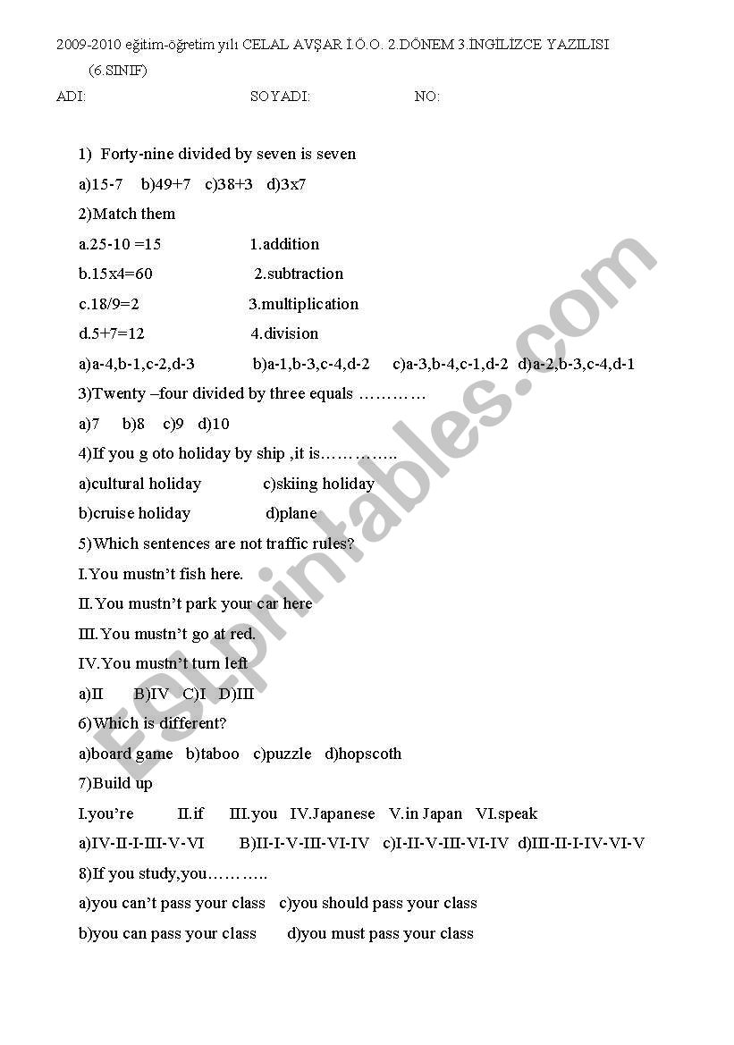 multple choce  worksheet