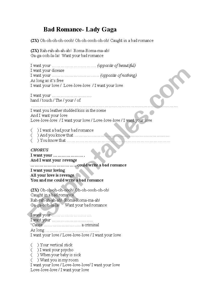 SONG: Bad Romance worksheet