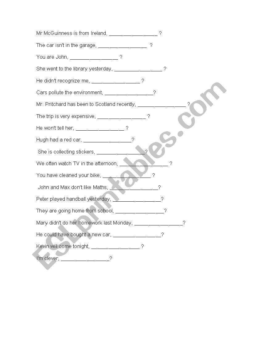 exercises about tag questions worksheet