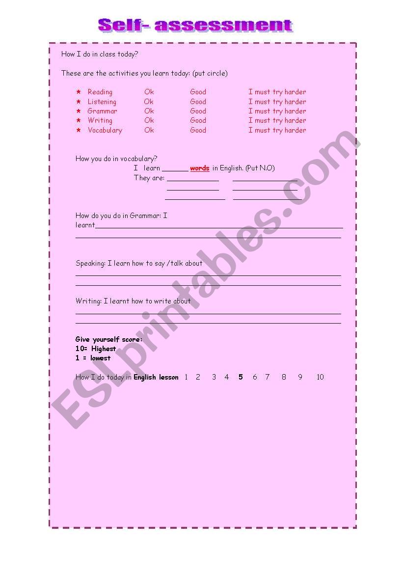 self- assessment worksheet worksheet