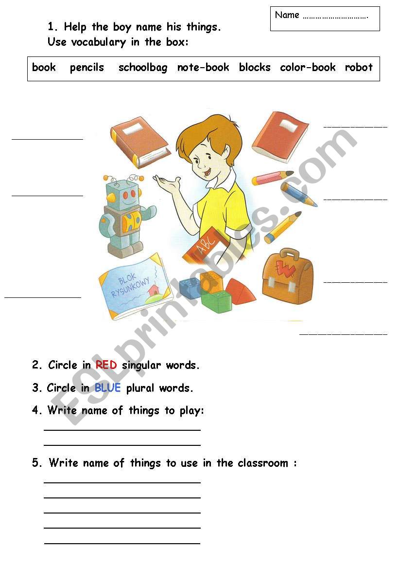 Help the boy name his things worksheet