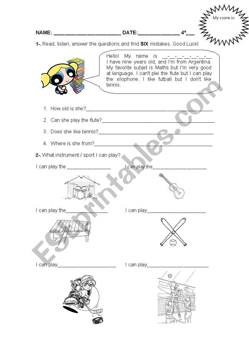sports and instruments, play. worksheet