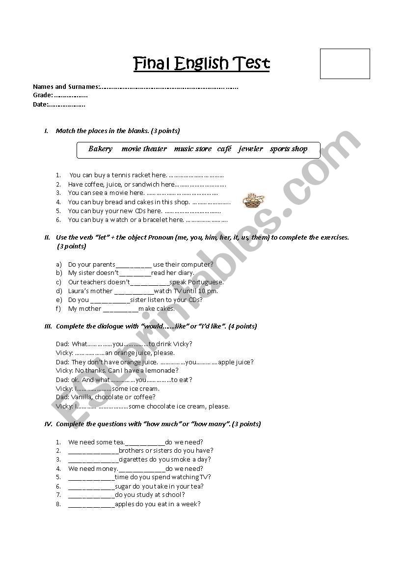 English easy test worksheet