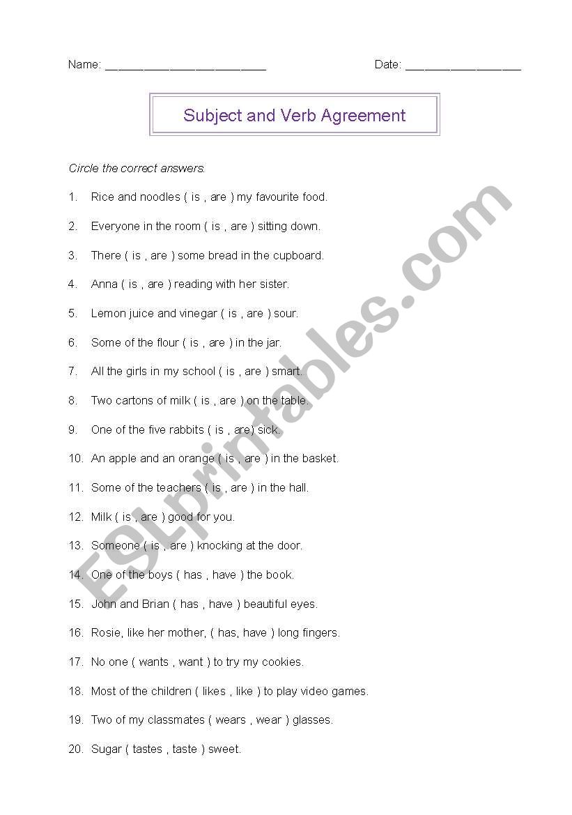 Subject and Verb Agreement worksheet