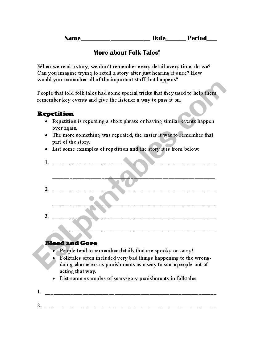 Folk Tales Introductory Worksheet