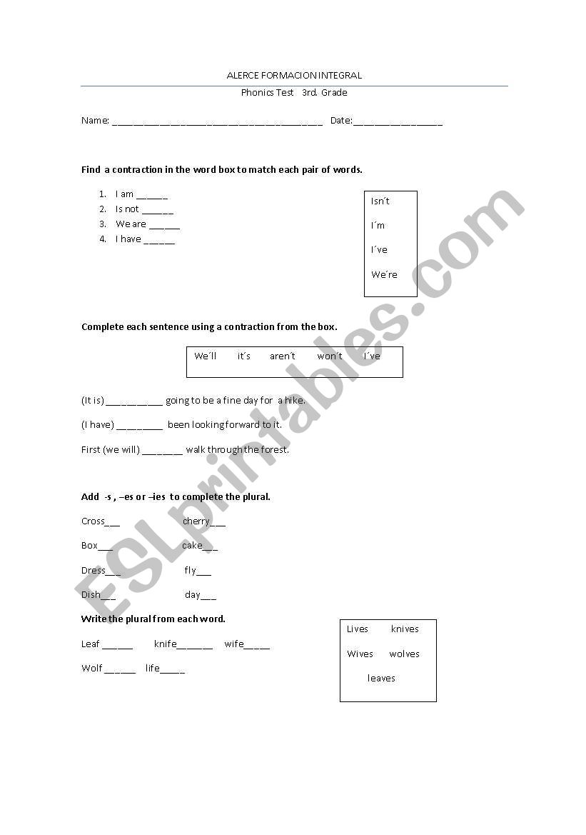 English worksheets: Contractions test Inside Contractions Worksheet 3rd Grade