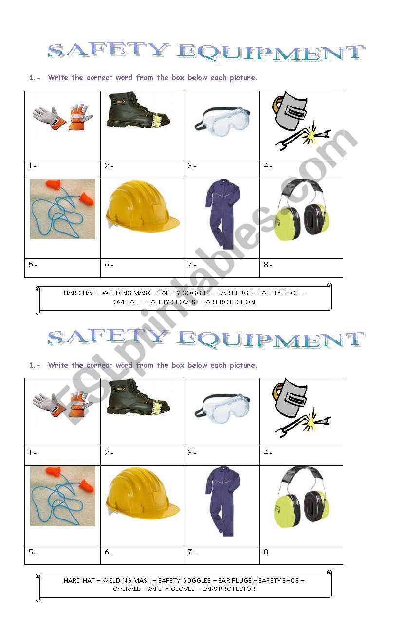 Safety equipment worksheet