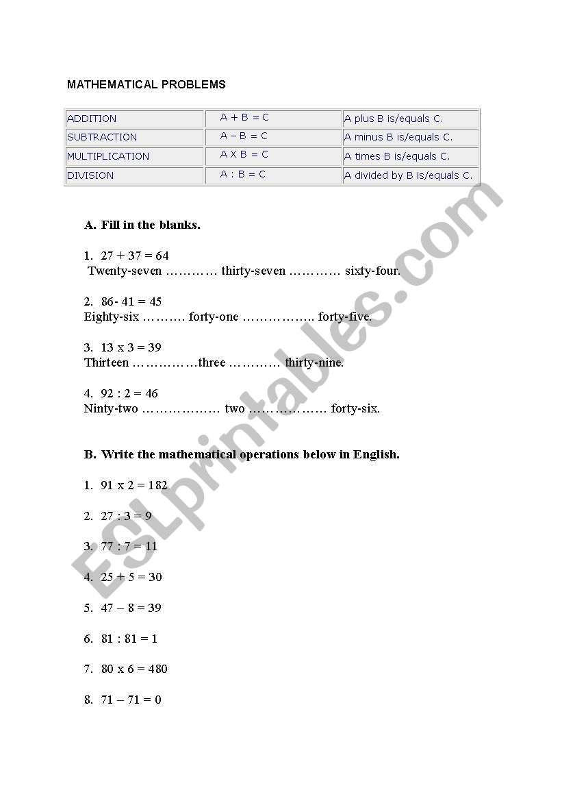 mathematical problems worksheet