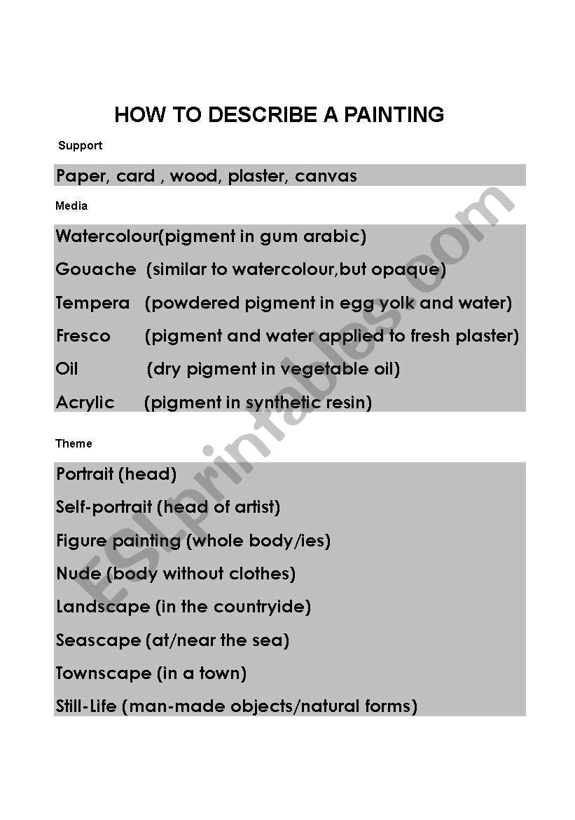 How to describe a painting worksheet