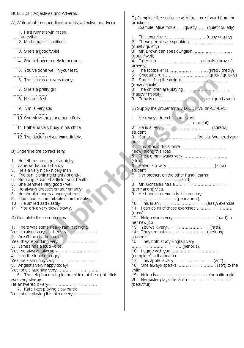 adj adverb worksheet