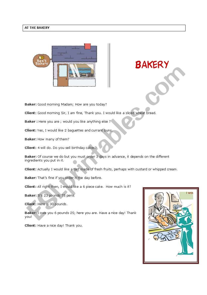 AT THE BAKERY DIALOGUE worksheet