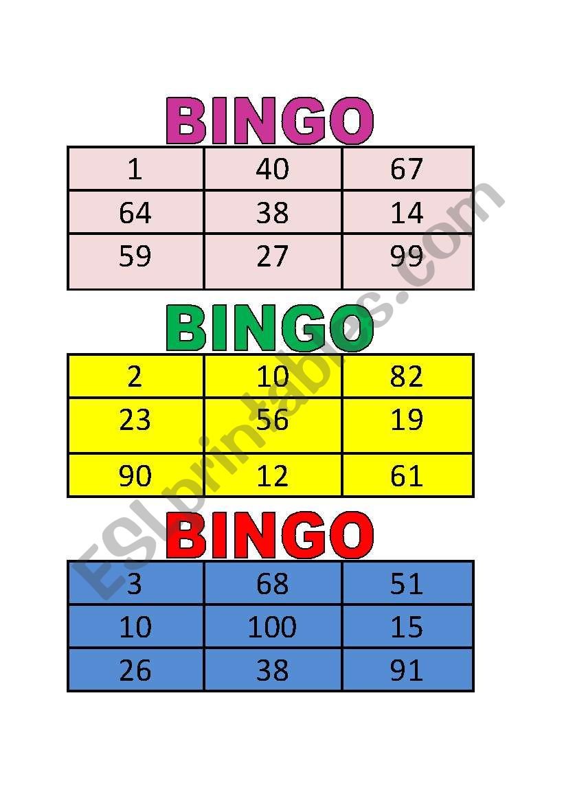 Numbers Bingo Cards worksheet