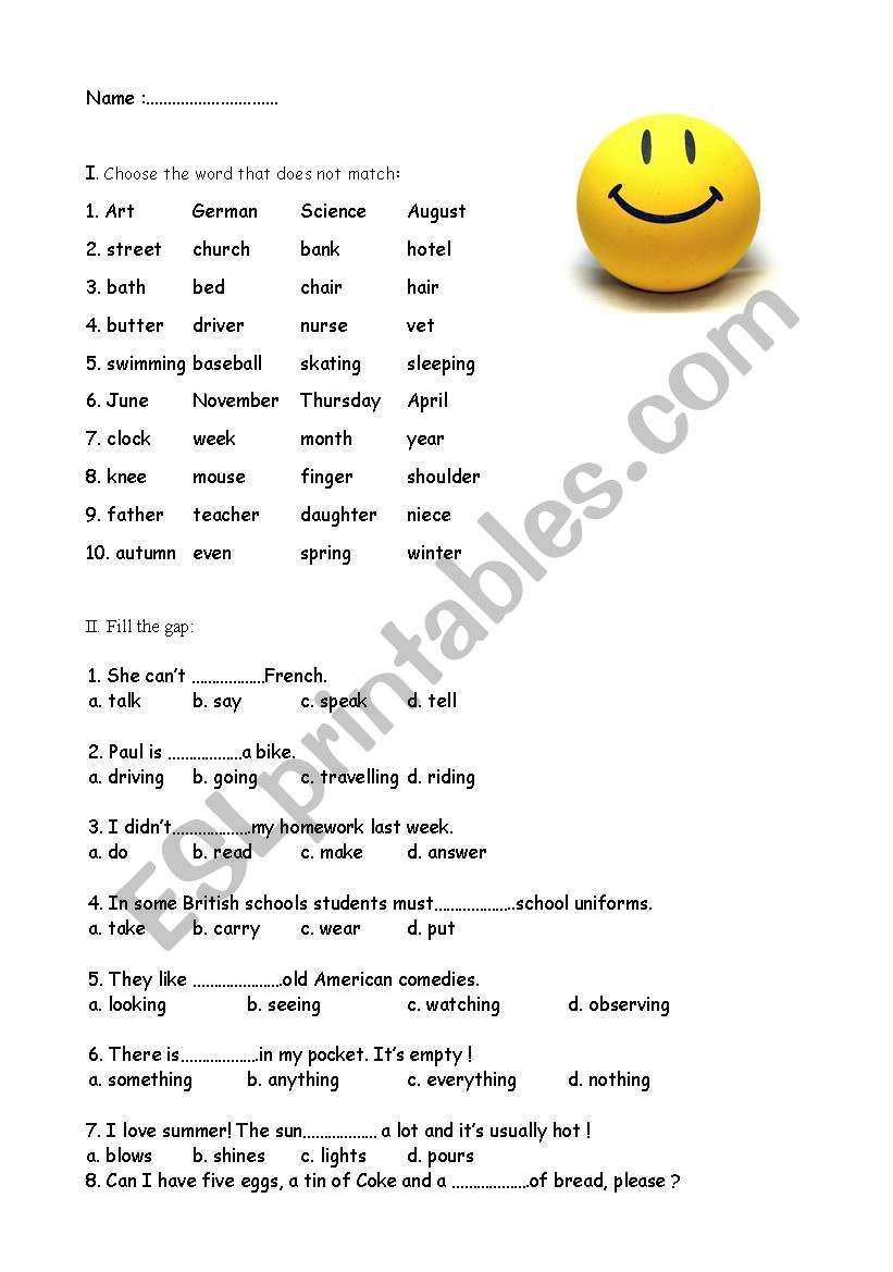 Englih test worksheet
