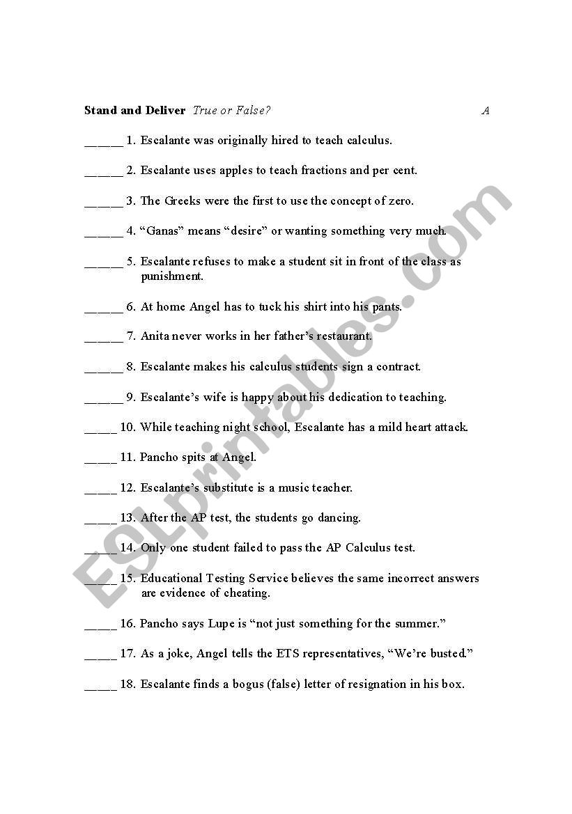Stand And Deliver True and False Worksheet