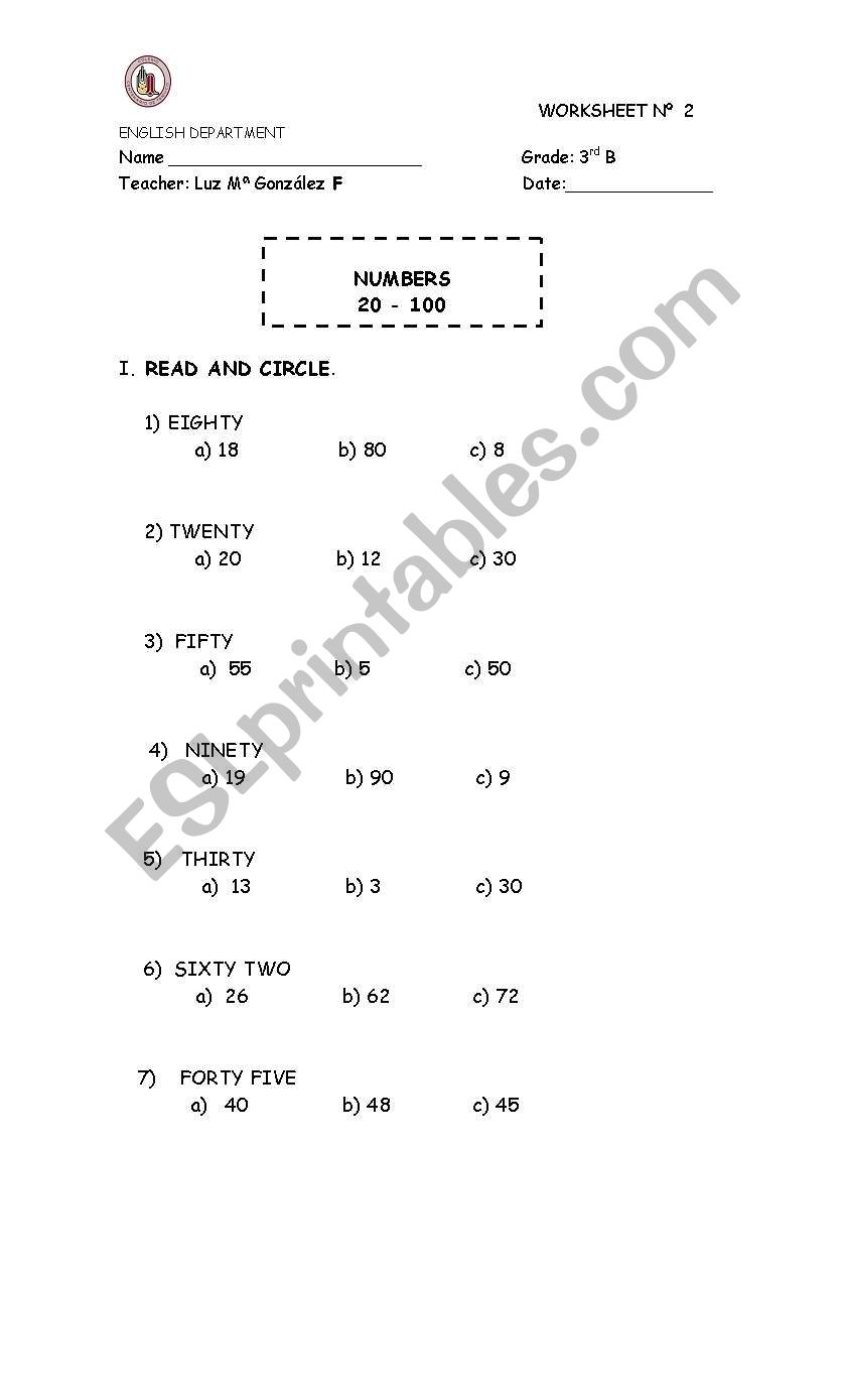 Numbers worksheet