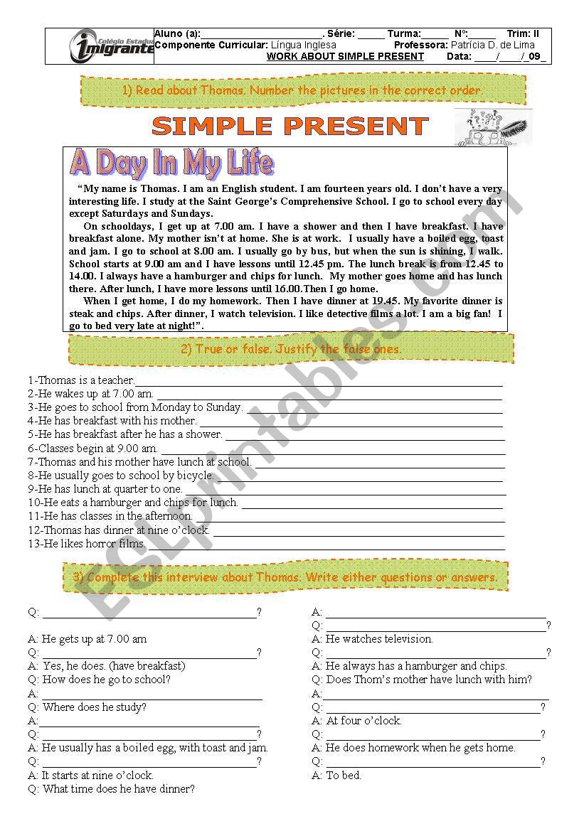 A day in my life worksheet