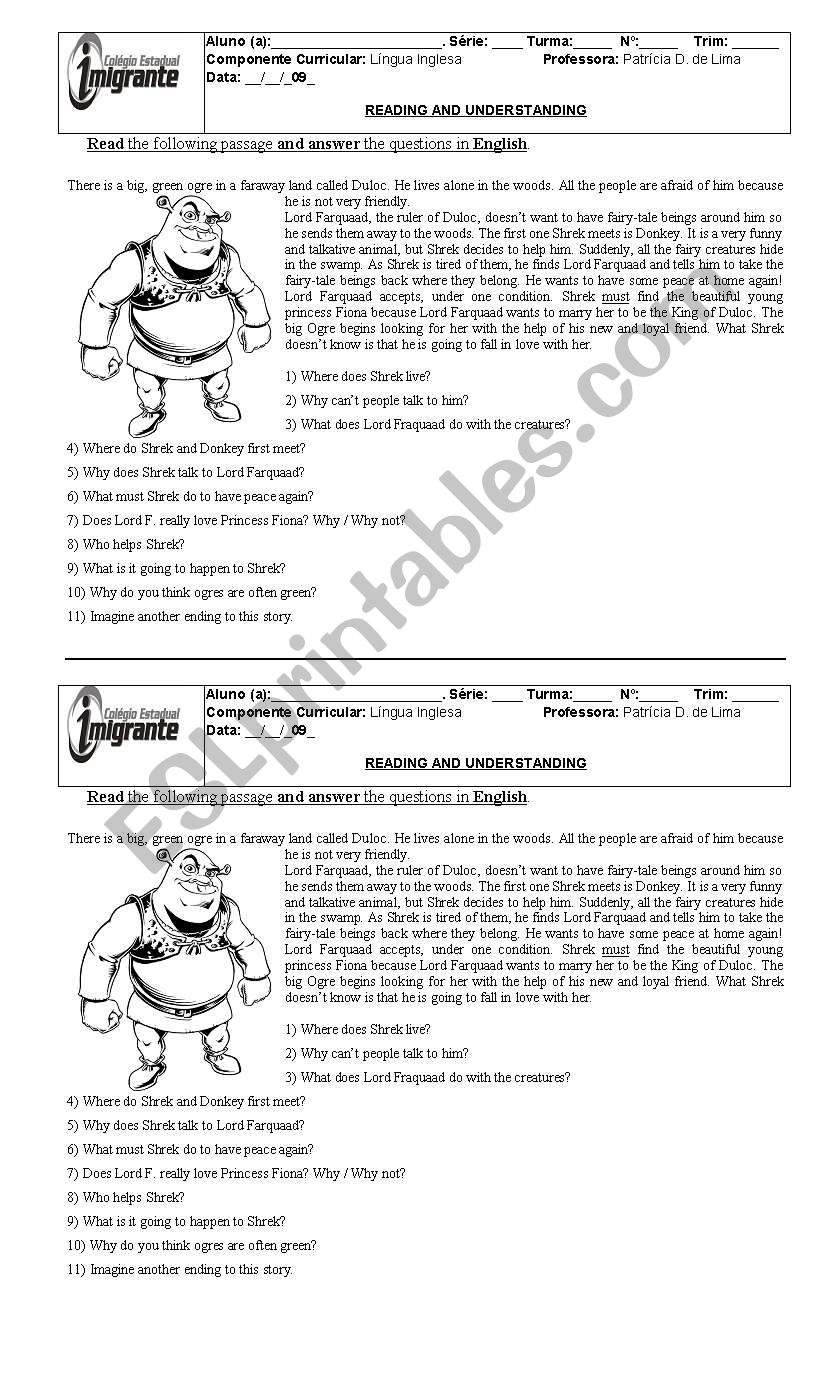 Shrek worksheet