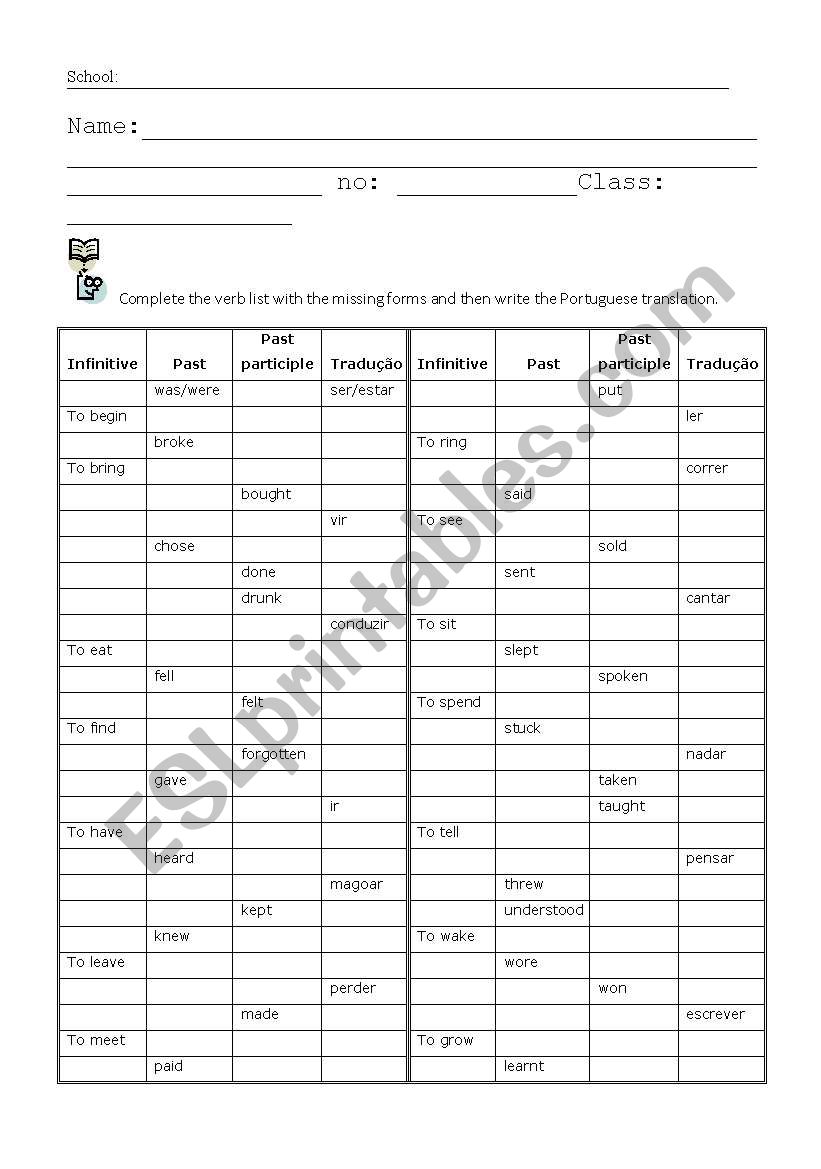 Worksheet on irregular verbs worksheet
