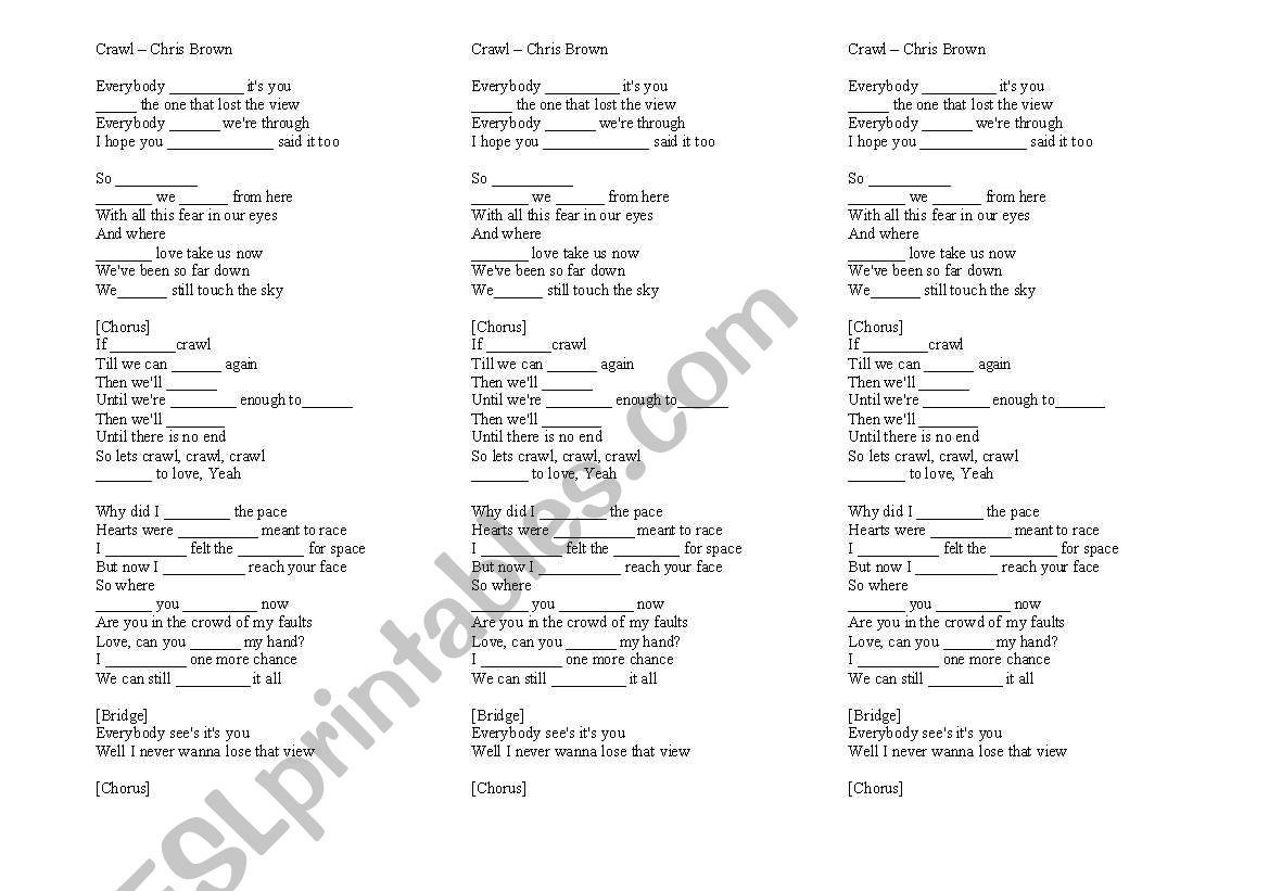 Chris Brown crawl song worksheet