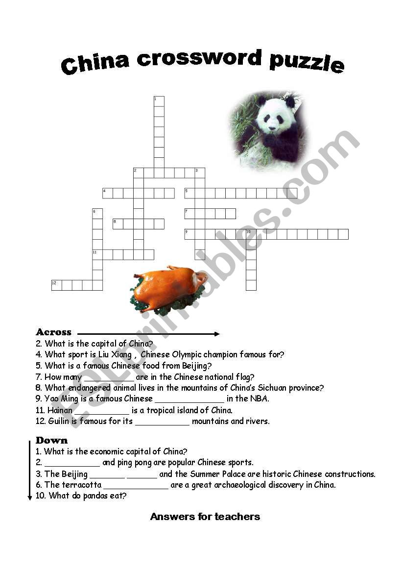 china crossword worksheet