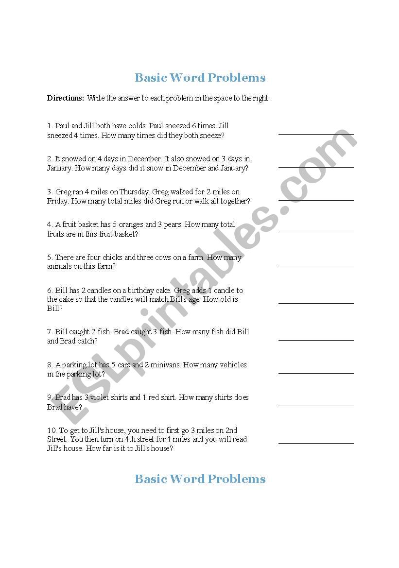 word problem worksheet