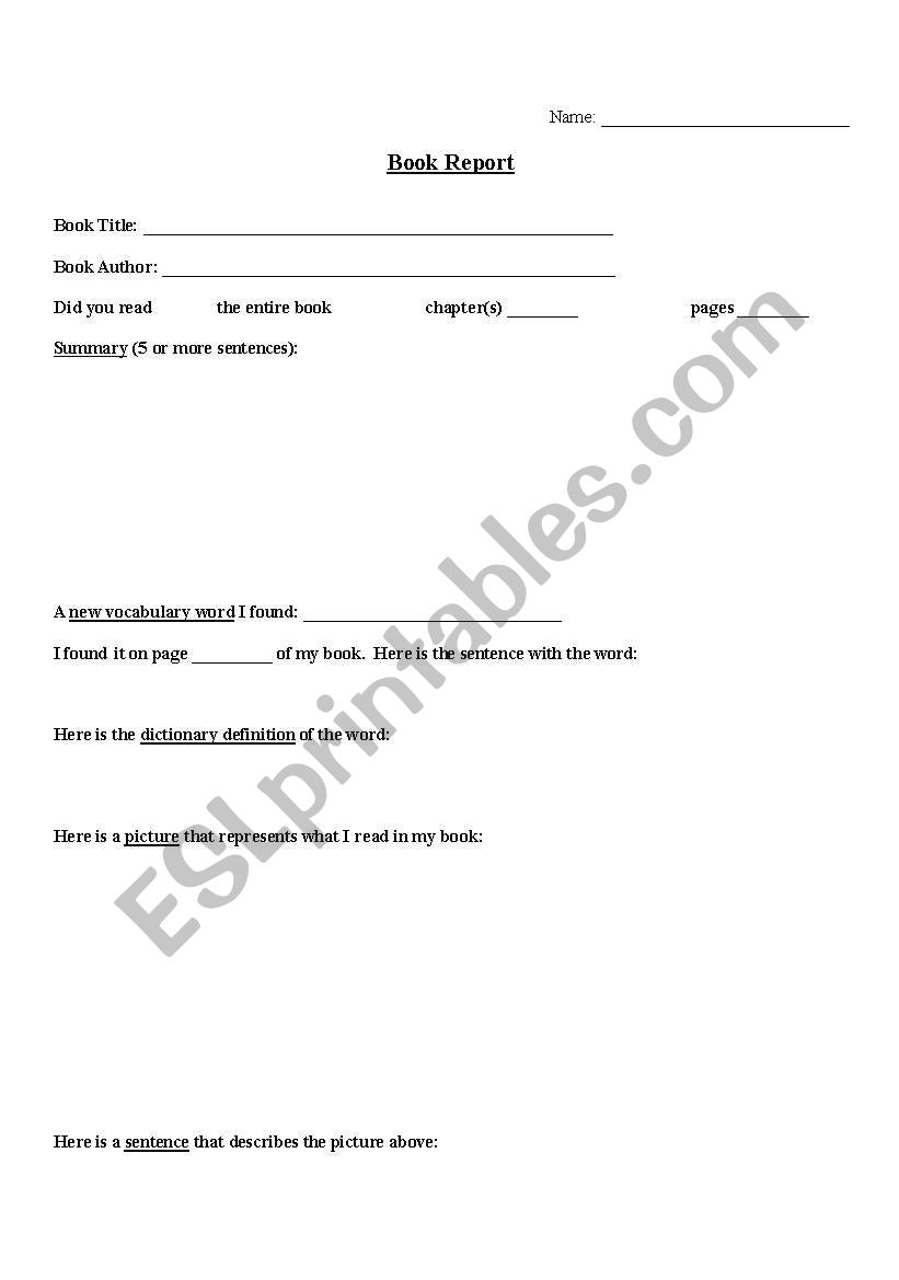 Book Report Template worksheet