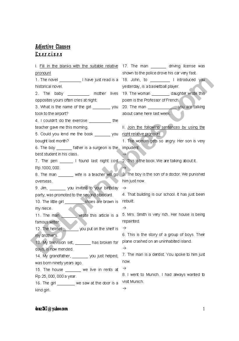 adjective clause execise worksheet