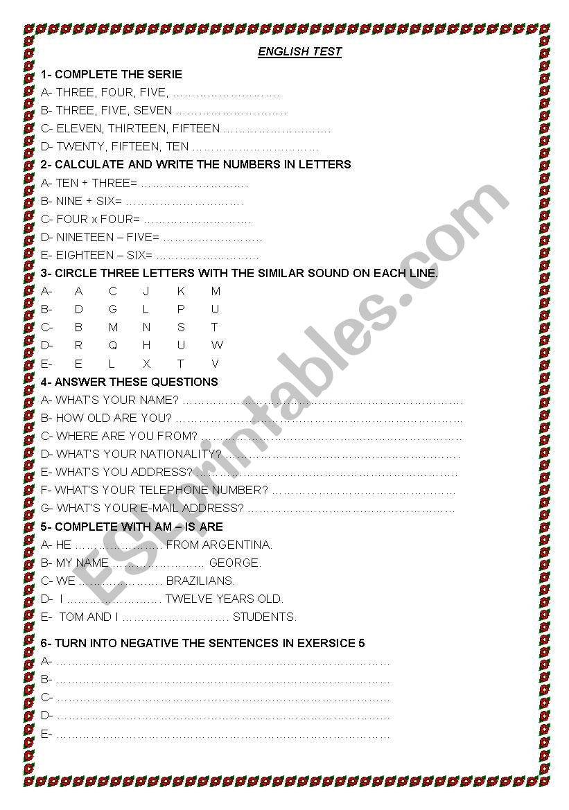 TEST FOR YOUNGER STUDENTS worksheet