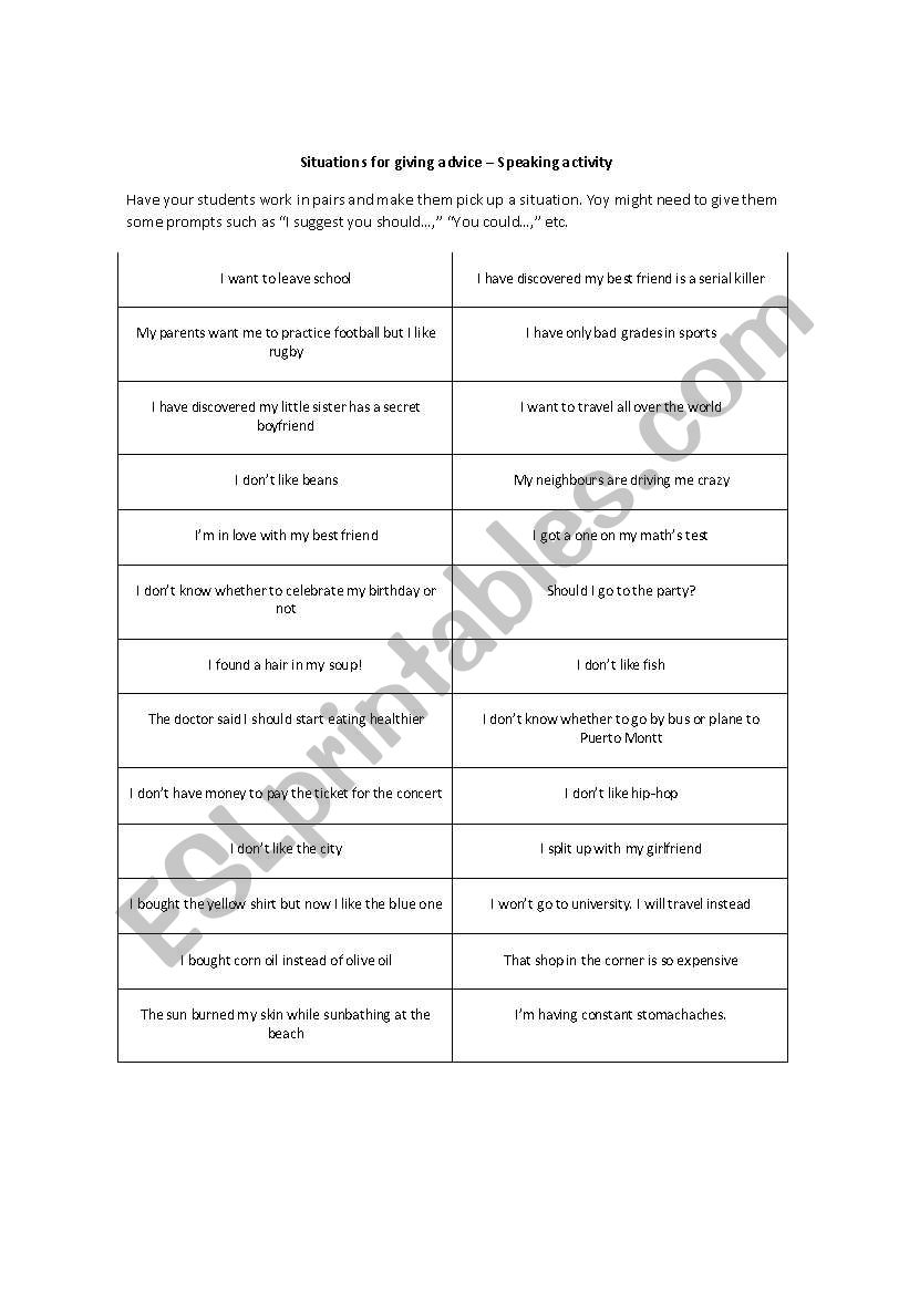 Situations for giving advice worksheet