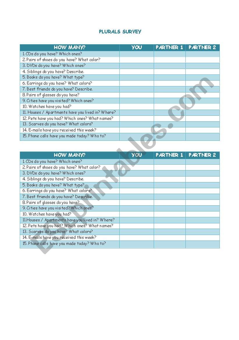 PLURALS SURVEY worksheet