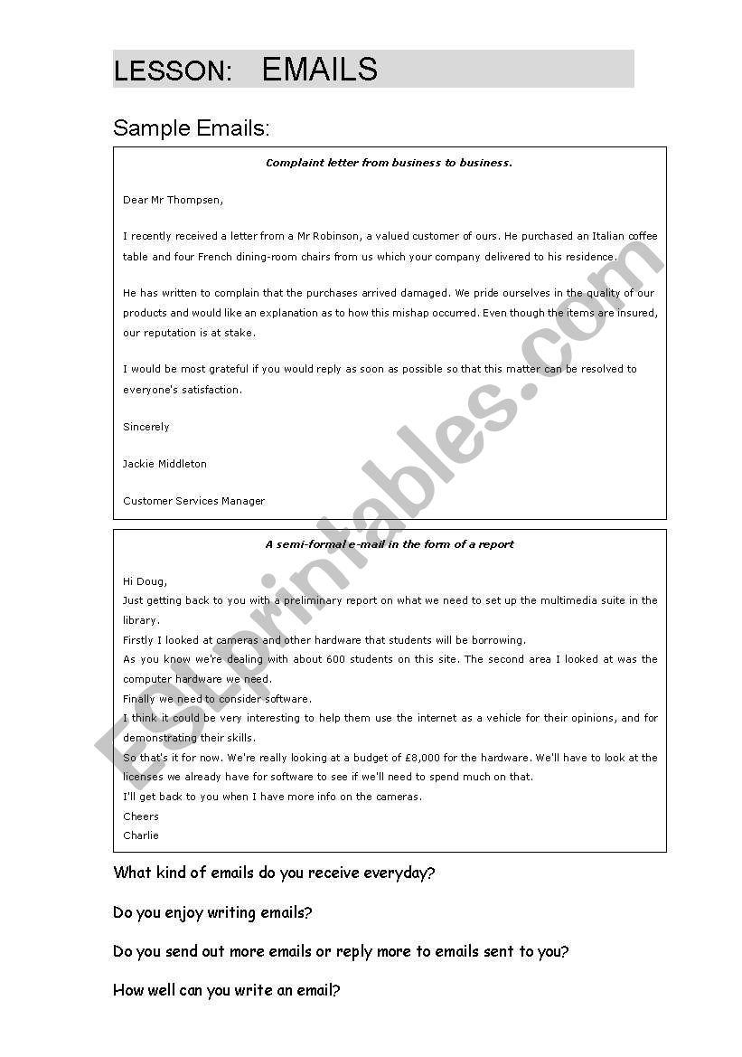 Writing Emails In Business worksheet