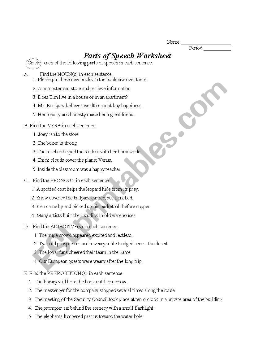 Parts of Speech worksheet