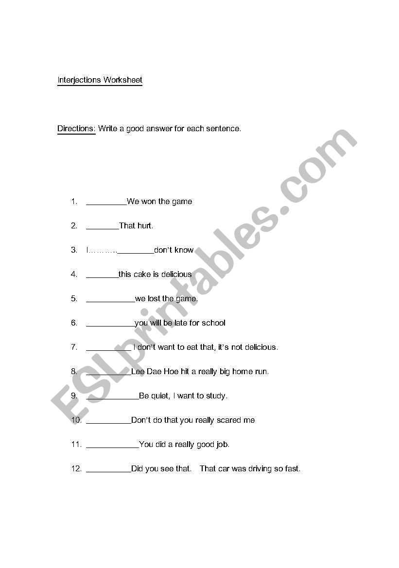 Interjections worksheet