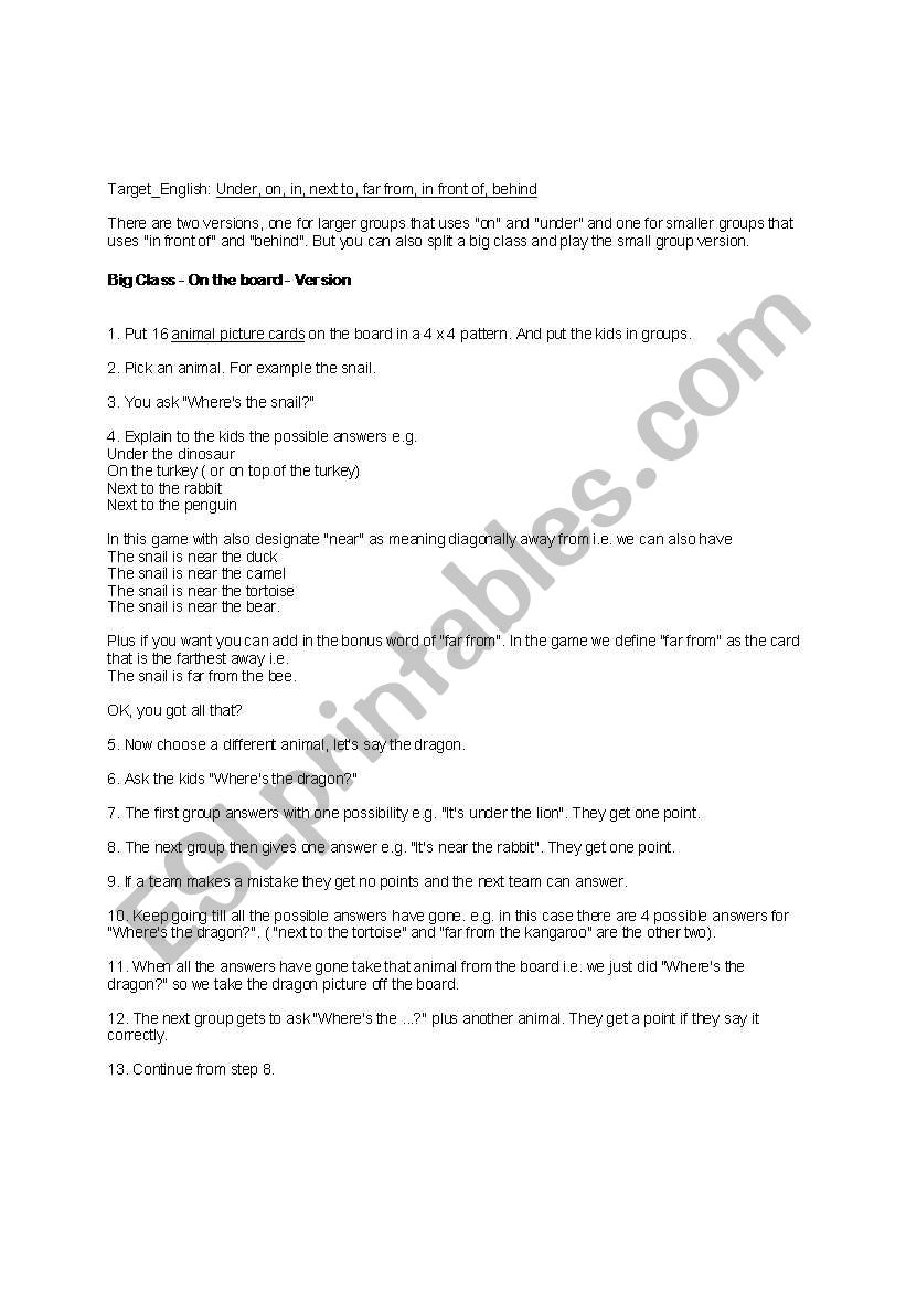 Preposition game worksheet