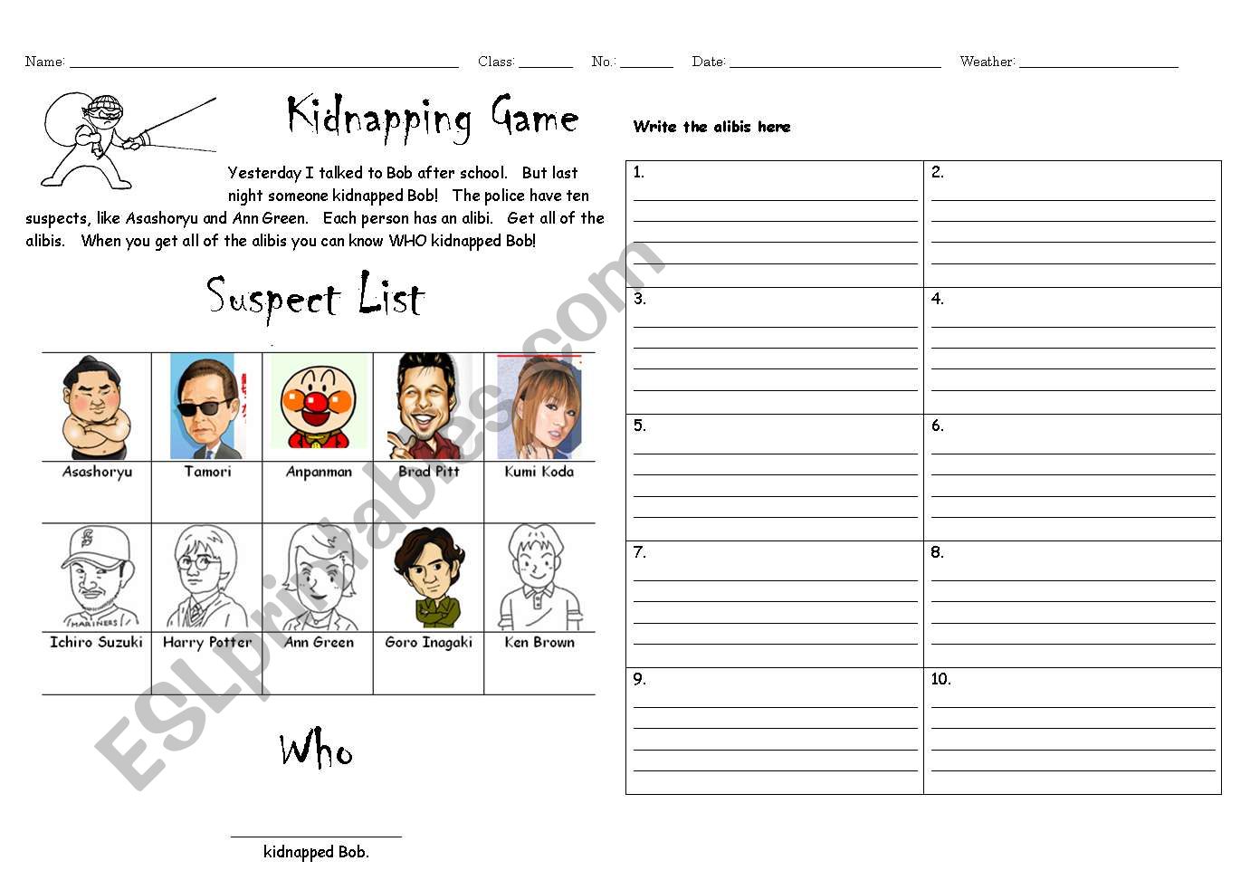 Kidnapping Game worksheet