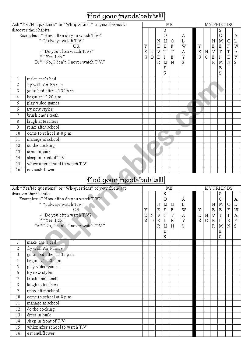 find your friends habits worksheet