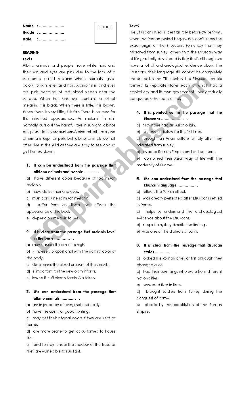 Reading and vobulary exercise worksheet
