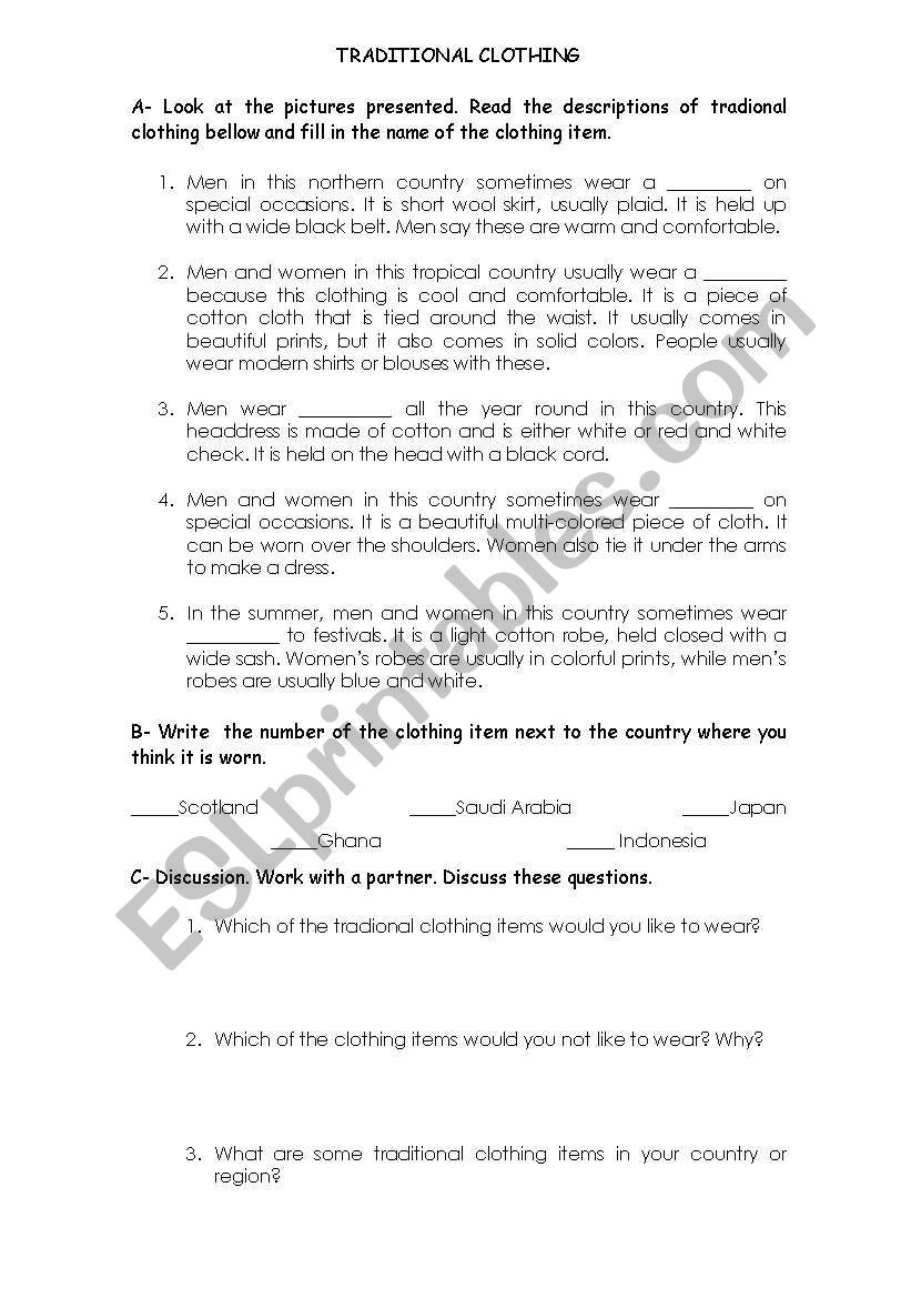 traditional clothing worksheet