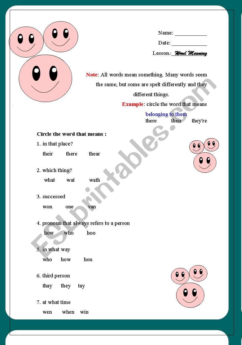 Word Meaning worksheet