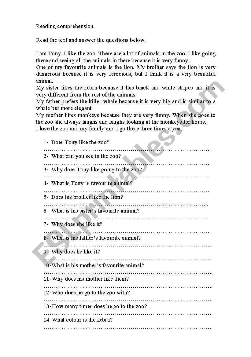  I like the zoo. worksheet